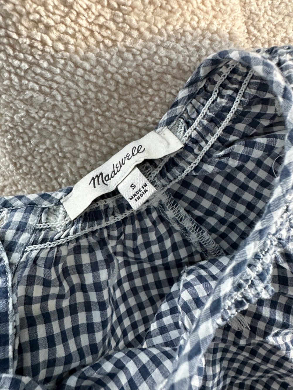 Madewell Navy and White Gingham Puff-Sleeve Blouse - Picture 3 of 4